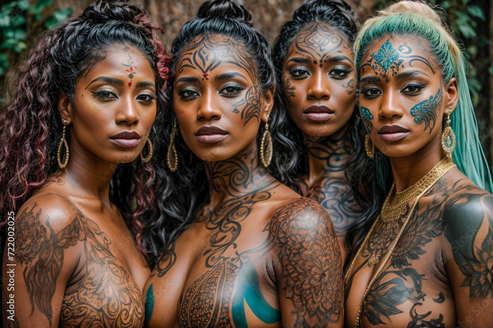 Beautiful woman models wearing and showcasing different attire and body paint. Beautiful woman models wearing and showcasing different attire and body paint.
