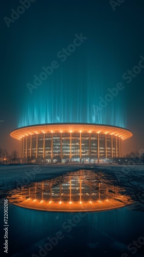 Blue and orange lights illuminate a large modern stadium at night with reflection on the ground