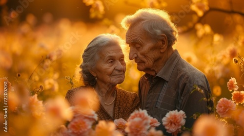 An elderly couple is standing in a field of flowers.