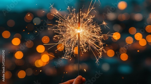 Hand holding a lit sparkler against a blurred background of city lights at night