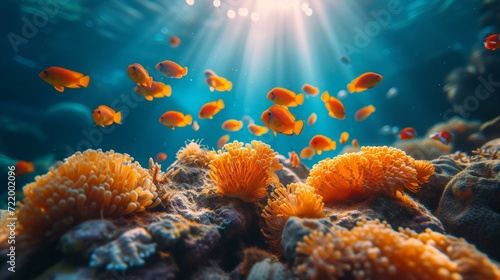 A vibrant and colorful underwater scene of a coral reef with a variety of fish swimming around