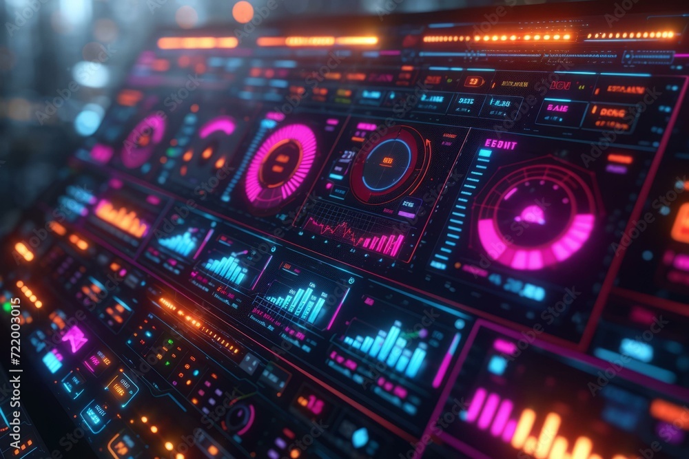 Futuristic dashboard with glowing pink and blue neon lights displaying various graphs and statistics