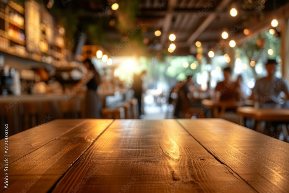 Blurred image of a wooden table in a restaurant with people in the background Blurred image of a wooden table in a restaurant with people in the background