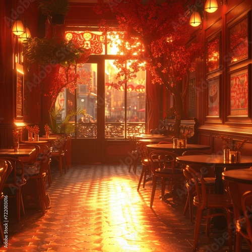 Ornate Traditional Cafe Interior With Afternoon Sunlight Shining Through Large Windows