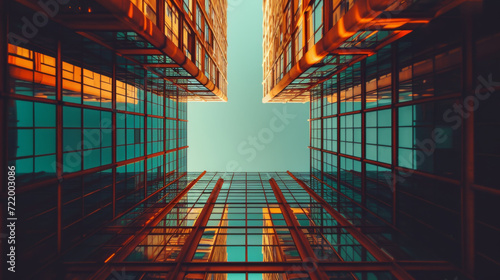 A  view inside of some tall buildings towards the sky