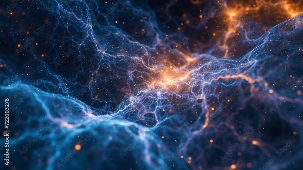 Abstract background with network of blue and orange energy lines, resembling a neural network or galaxy structure. Abstract background with network of blue and orange energy lines, resembling a neural network or galaxy structure.