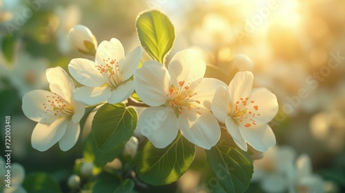 Close-up of a blossoming apple tree branch with white flowers and green leaves in the sunlight #722003418