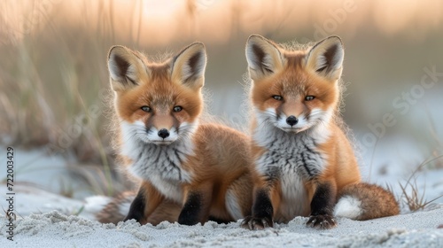 Two red foxes sit on the sand and look at the camera