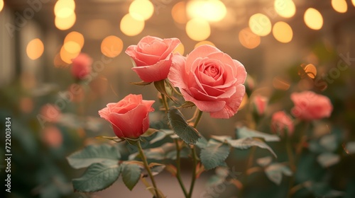 Close-up of pink roses in a greenhouse with a blurred background