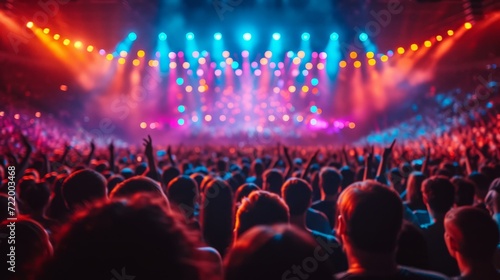 Blurred Crowd at a Concert with Colorful Stage Lights in the Background