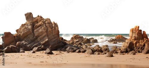 Varied rock formations arranged on a smooth sea sand surface, cut out