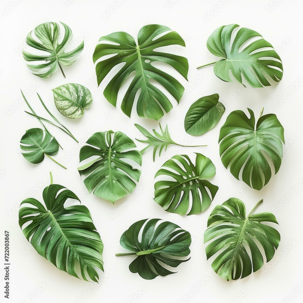Various types of green leaves of tropical plants
