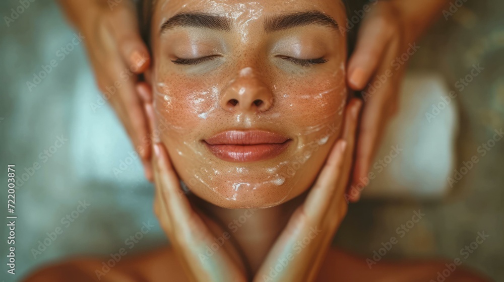 Relaxing facial massage with closed eyes - obrazy, fototapety, plakaty 