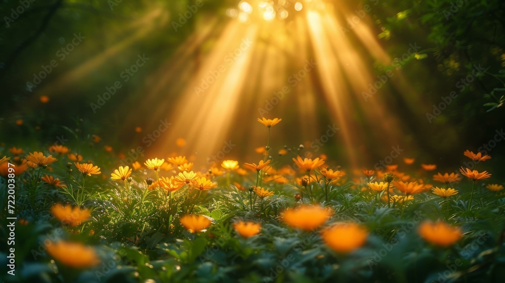Close-up of orange daisies in a field with rays of sunlight shining through the trees