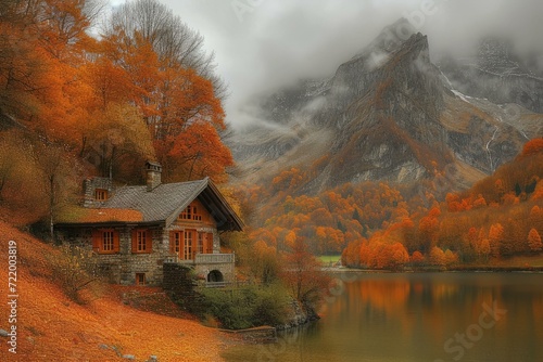 Small cottage near the lake in the mountains in autumn © Adobe Contributor