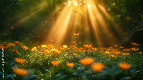 Close-up of orange daisies in a field with rays of sunlight shining through the trees