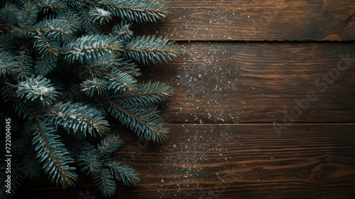 Blue spruce branches with snow on a wooden background