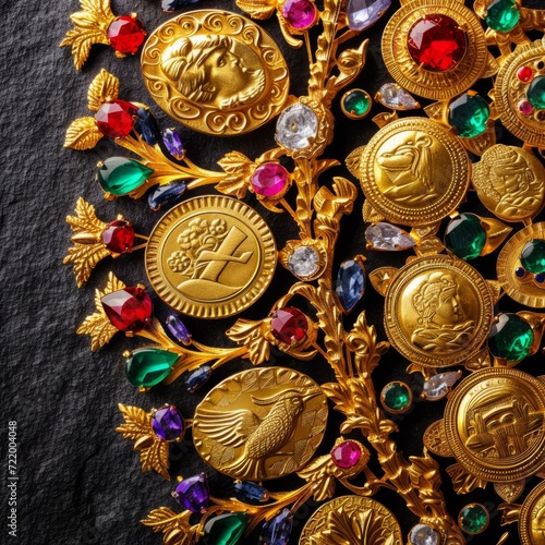 A golden artwork with rubies, sapphires, and emeralds