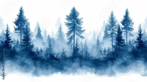 Blue misty forest landscape with pine trees in the morning light