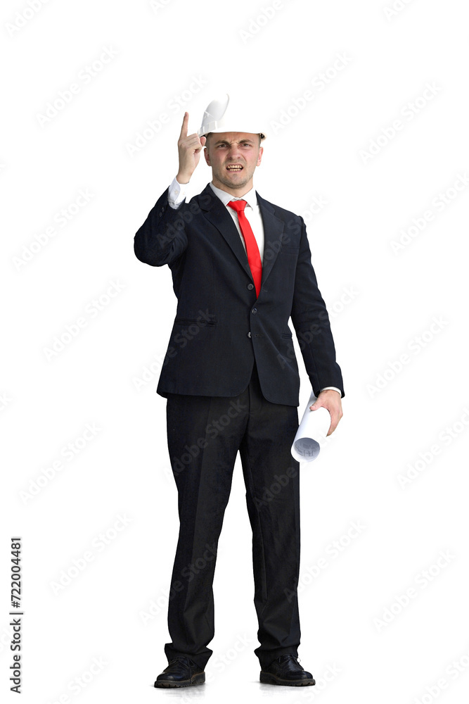 Foreman, on a white background, full-length, with a drawing Foreman, on a white background, full-length, with a drawing