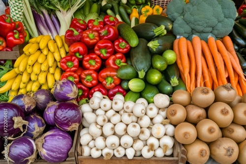 Vibrant Farmers Market Stall Displaying an Array of Fresh Vegetables and Fruits