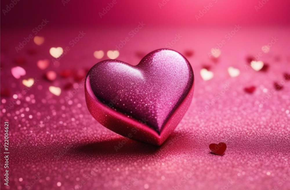Glittering heart on pink background with blurred soft pink bokeh background, Valentine's Day banner