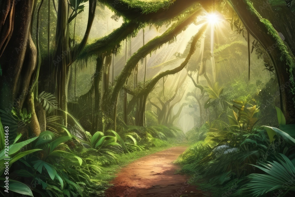 A Fantasy tropical dense Forest Pathway. Ai generative 