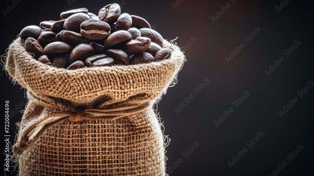 Close-up image of burlap sack filled with coffee beans