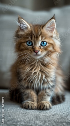 A cute kitten with blue eyes is sitting on a couch
