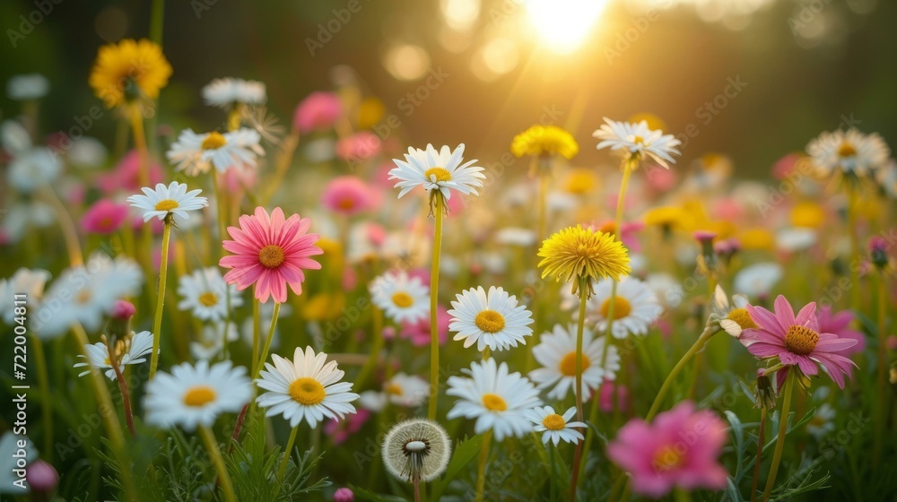Field of daisies and dandelions in sunlight