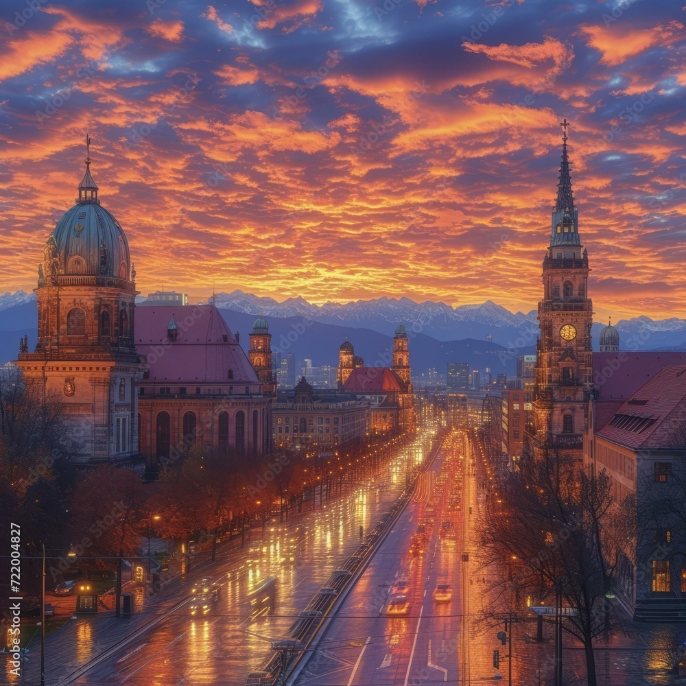 Cityscape of Dresden, Germany at sunset