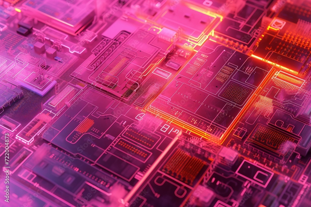 A close-up of a computer circuit board with glowing pink and orange highlights. A close-up of a computer circuit board with glowing pink and orange highlights.