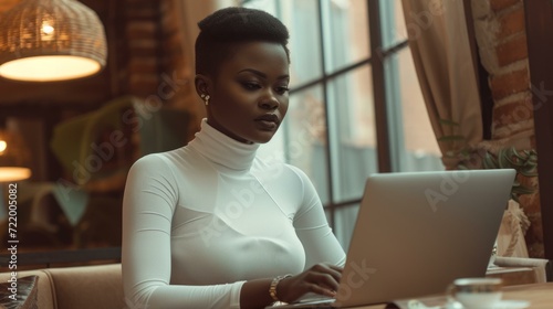 Black woman in a white turtleneck blouse using a laptop