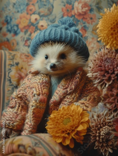 A cozy hedgehog toy, adorned in a charming hat and coat, snuggles among the indoor flowers like a beloved stuffed doll