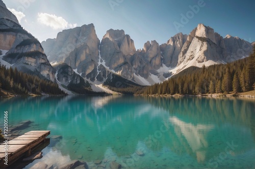 Beautiful view of The Lake Braies landscape  Lago di Braies   Pragser Wildsee  in Dolomites mountains  Sudtirol  Italy