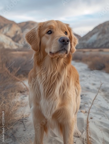 A majestic golden retriever stands proudly on the sandy beach, gazing up at the vast blue sky and distant mountains, embodying the perfect blend of grace and loyalty