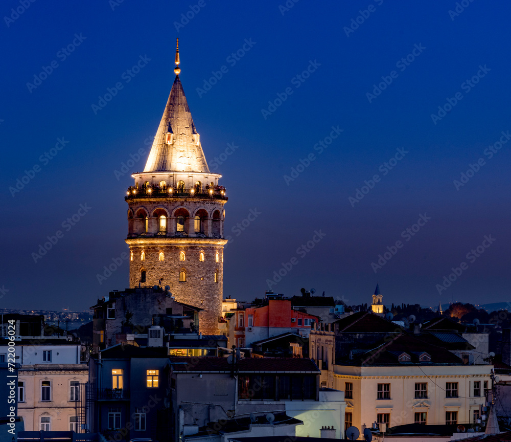 Galata Tower in Istanbul at night.