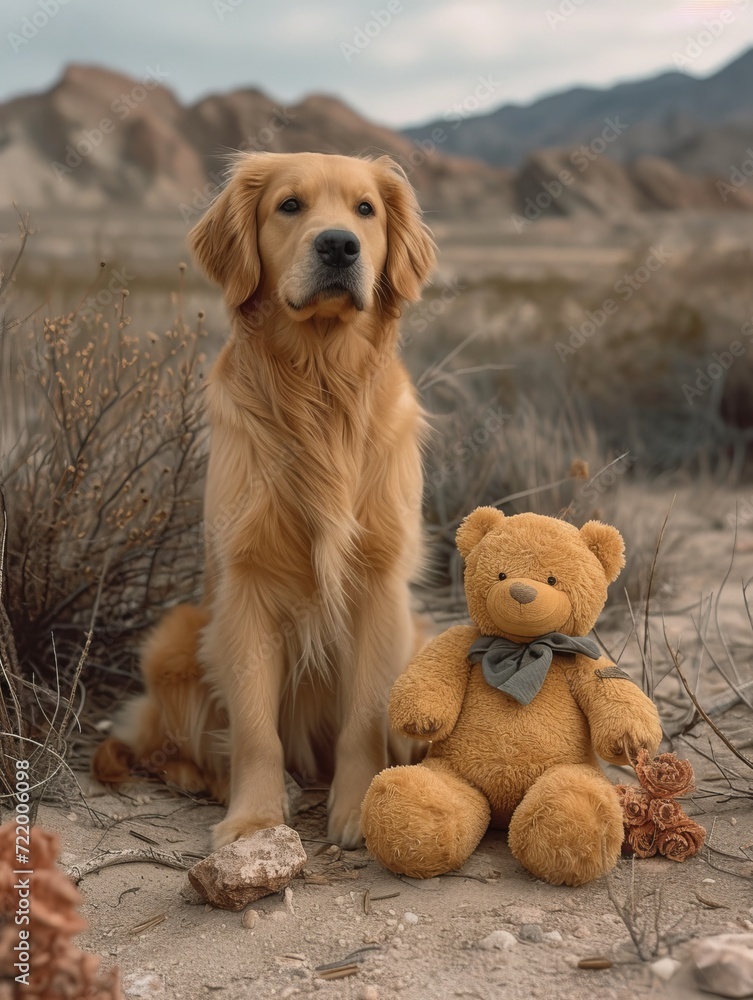 Obraz premium A majestic golden retriever sits proudly next to a cuddly teddy bear amidst the rugged desert landscape, a symbol of loyalty and companionship in the great outdoors