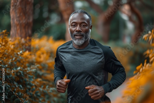 A joyous autumn runner, his human face beaming with a smile as he glides through the park, surrounded by trees and the crisp outdoor air