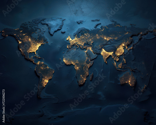 Map of the world in dark blue color with golden glow as wallpaper background illustration