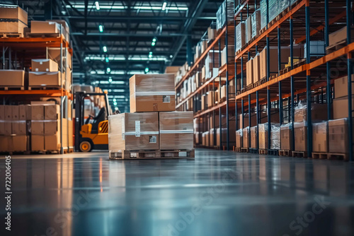 Warehouse full of shelves with goods in cartons, with pallets and forklifts.