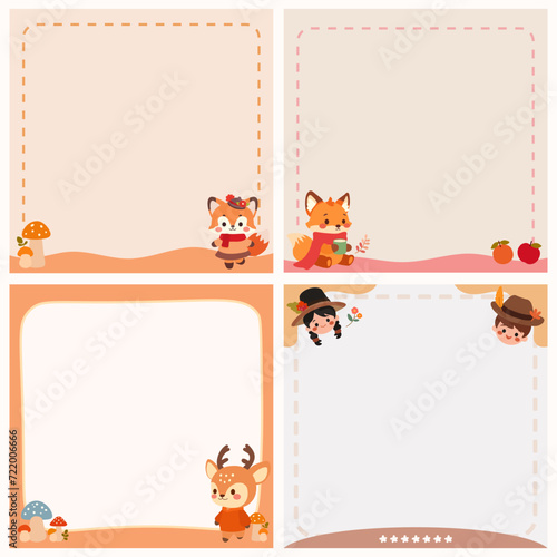 Set of Cute paper memo, note memo and sticky note with illustrations of autumn.Template for planners, checklists, notepads, cards and other office supplies.Vector illustration in cartoon style.