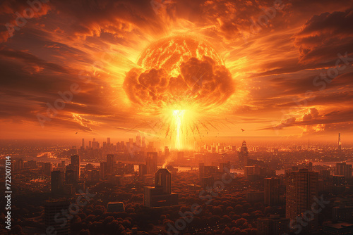 Illustration of explosion of nuclear bomb in the city.