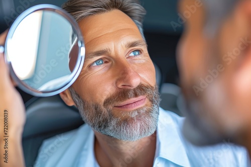 A contemplative man examines his own reflection in an outdoor mirror, his human face framed by a well-groomed beard and stylish clothing photo