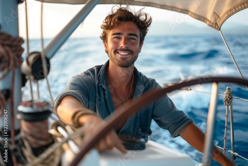 A sailor's joy captured in a candid moment, his face beaming with pride as he stands on the deck of his ship, surrounded by the vastness of the ocean