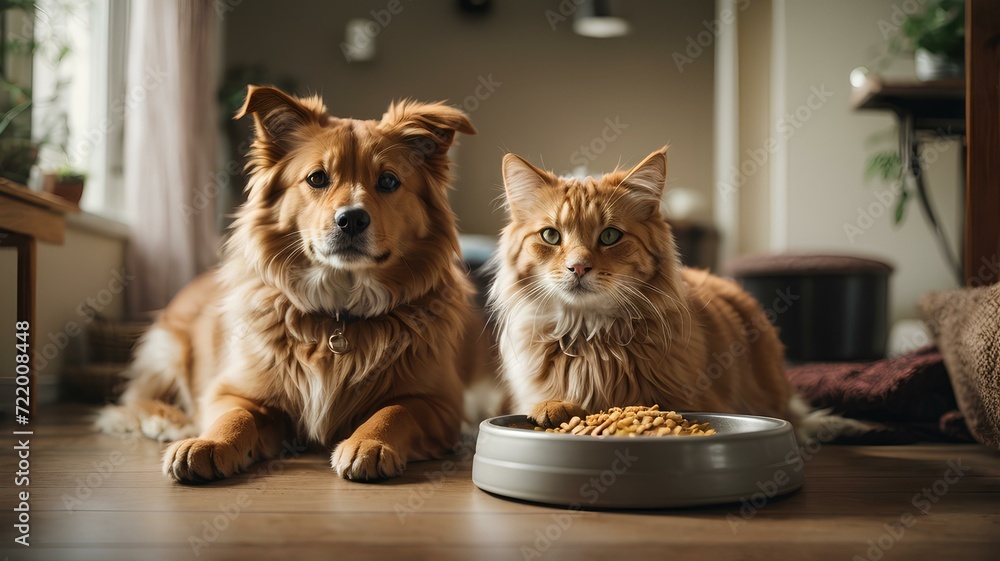 Close-up high-resolution image of cute kitty and adorable puppy ready for some treats.