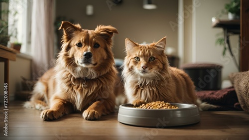 Obraz na płótnie Close-up high-resolution image of cute kitty and adorable puppy ready for some treats. w salonie