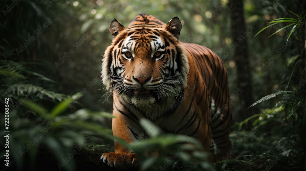 Close-up high-resolution image of a ferocious tiger hunting in the tropical jungle.