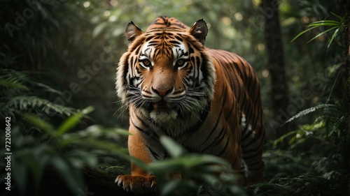 Close-up high-resolution image of a ferocious tiger hunting in the tropical jungle. © Rizal Faizurohman