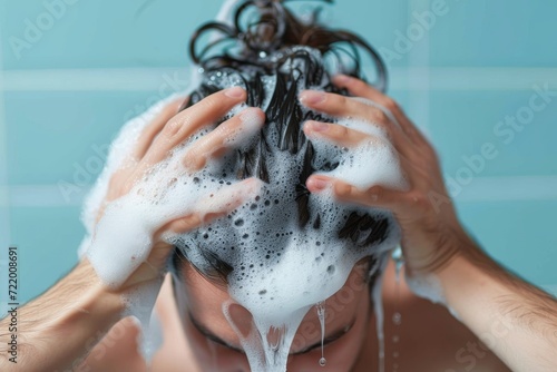 A person carefully lathers their hair with their hands, embracing the soothing sensation of self-care and renewal through the simple act of washing their hair photo